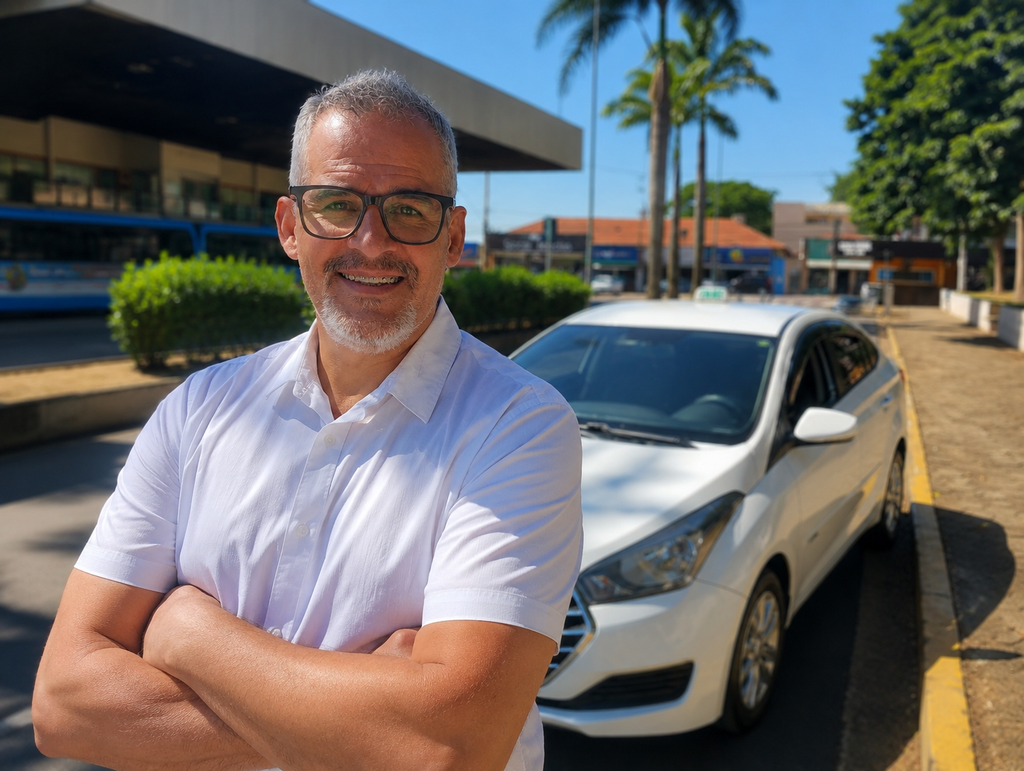 Alexandre, motorista da Confiança Táxi, ao lado do veículo